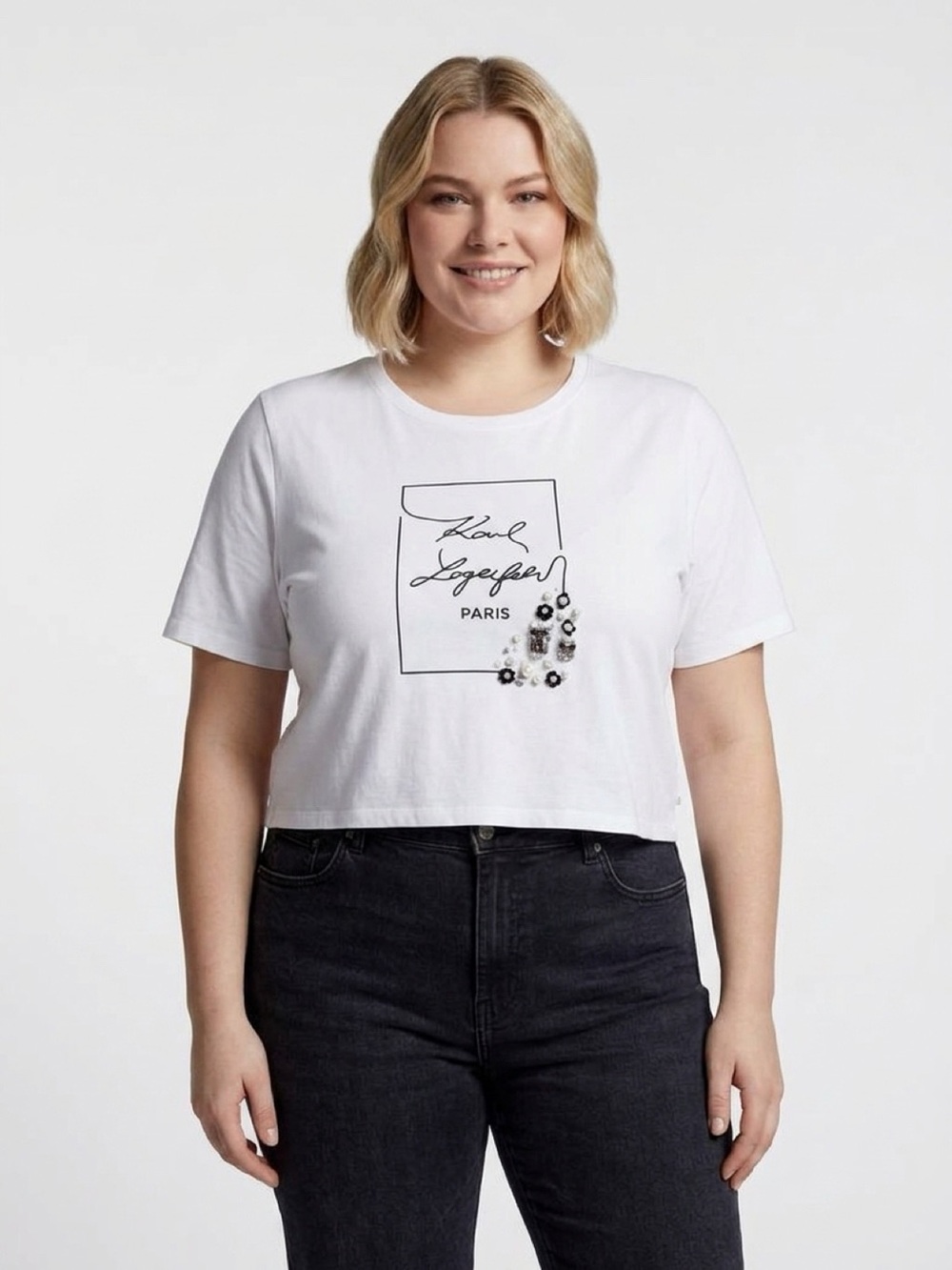 Karl Lagerfeld White Graphic Crop Tee with Embellished Detail
